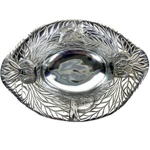 Oval Aluminum Bowl Embossed in a Bunny/Leaf Pattern 13.25" x 9.25" Made in India